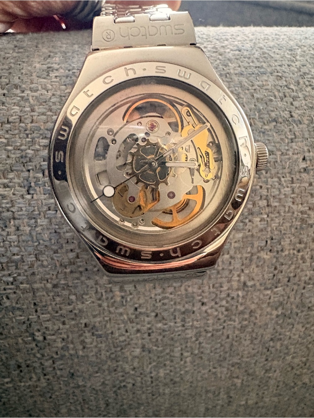Swatch Silver and Gold Skeleton Dial Watch